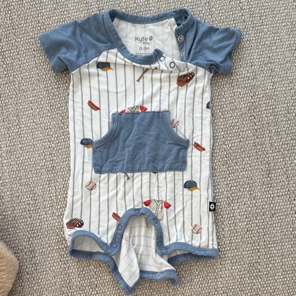 Kyte BABY Blue & White Baseball-Print Short Sleeve One-Piece